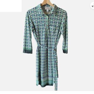 DONNA MORGAN Work Dress Green/Blue Print Collar Summer Stretch 3/4 Sleeve Size 8